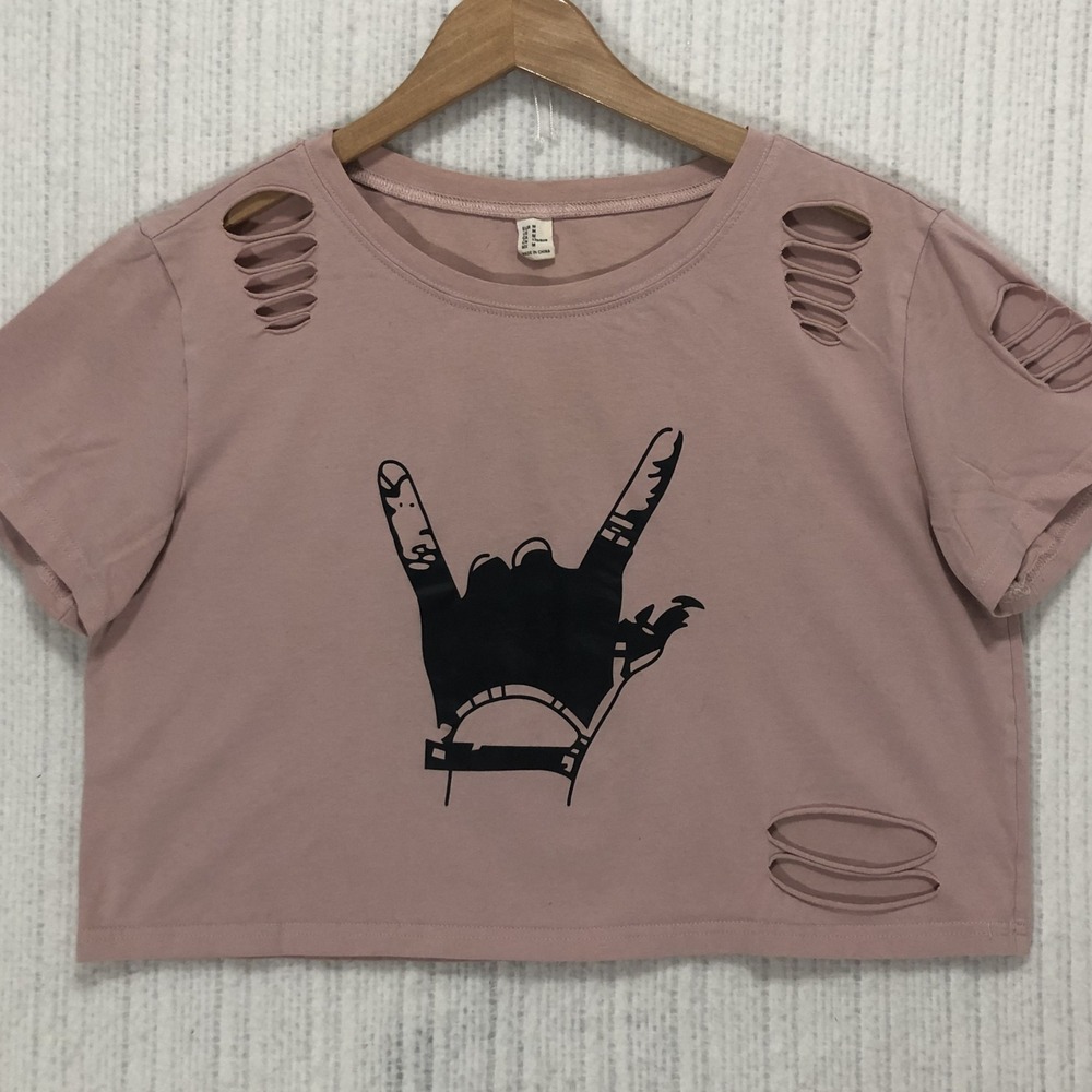 H&M Divided Pink Rock On Graphic Distressed Crop Top Medium